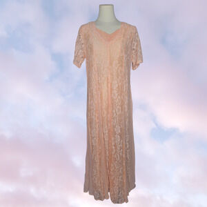90s Vtg Olivia Long Maxi Peach Pink Lace Layered Whimsy Fairy Cottage Dress Sz M